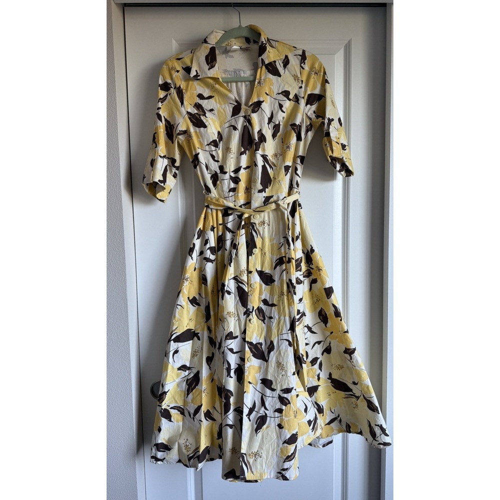 Vintage 70s Jody Of California Floral Midi Pattern SZ 7/8 Yellow Tie Shirt Dress